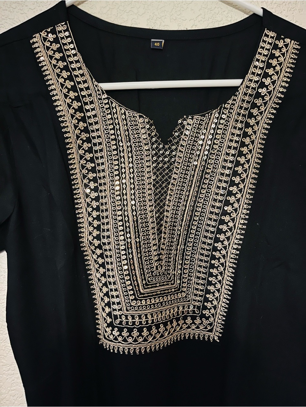 Black Embroidered Tunic Top with Cream Stitching from India